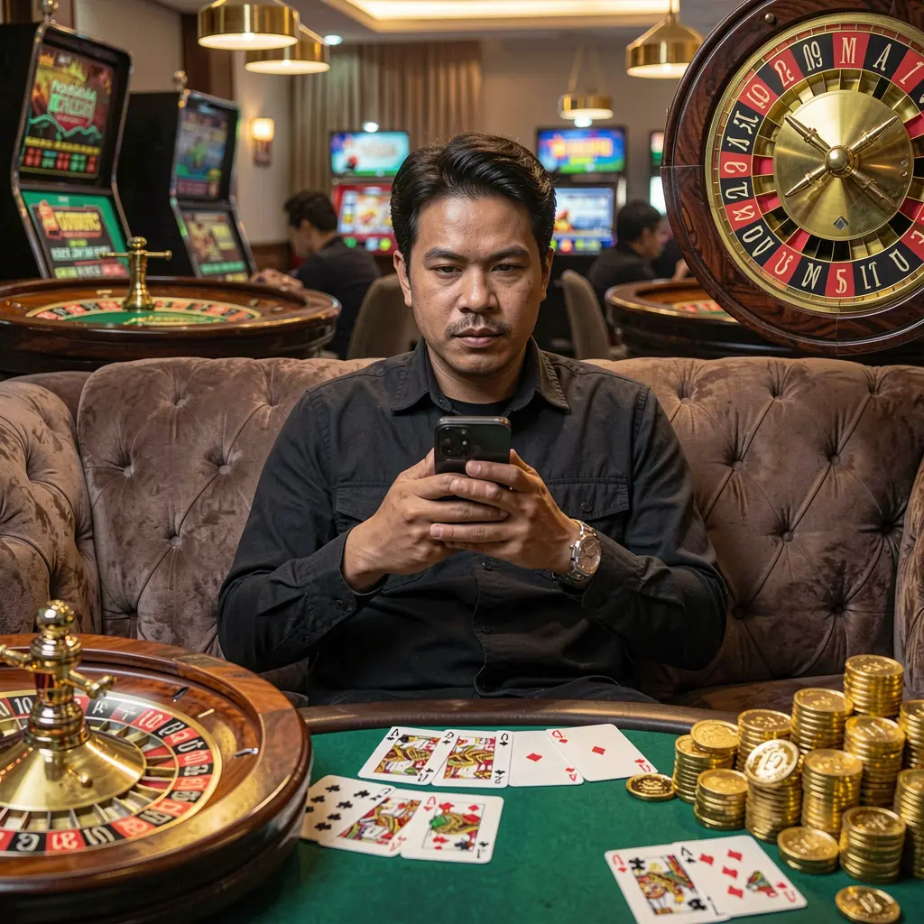 Confident Filipino player using the UCJILLI casino app on his phone with poker chips cards and roulette symbols creating a modern gaming mood