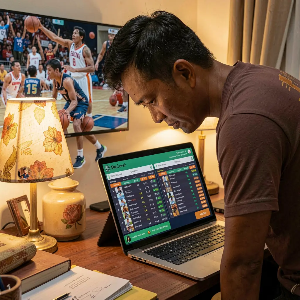 Philippine sports bettor analyzing live basketball odds on a laptop with UCJILLI while watching game highlights on TV in a cozy evening setting