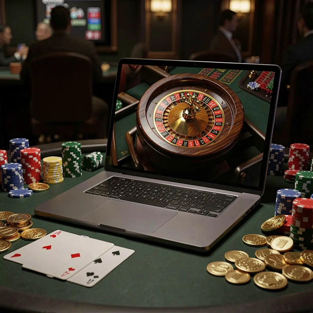 A modern laptop displaying a vibrant online roulette wheel surrounded by casino chips and playing cards highlighting the immersive UCJILLI casino experience for players in the Philippines