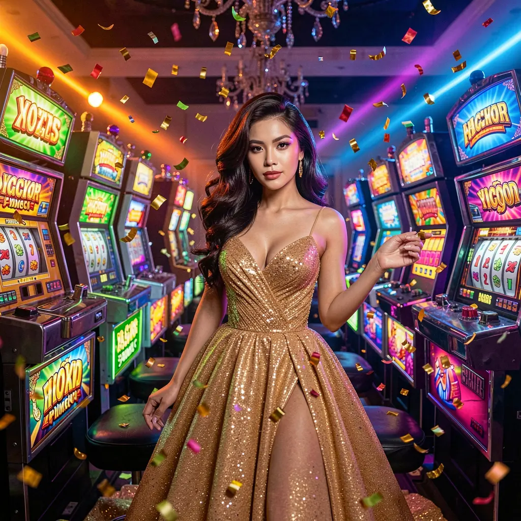 A glamorous woman in a sparkling golden dress standing among vibrant slot machines in a luxury casino atmosphere at UCJILLI, capturing the excitement of slot gaming in the Philippines